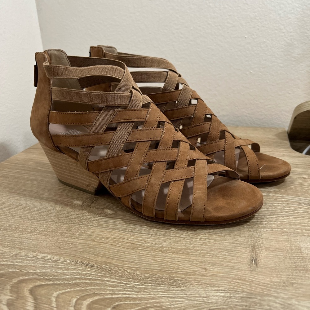 Eileen Fisher Camel Crisscross Nubuck Leather Block Sandals
